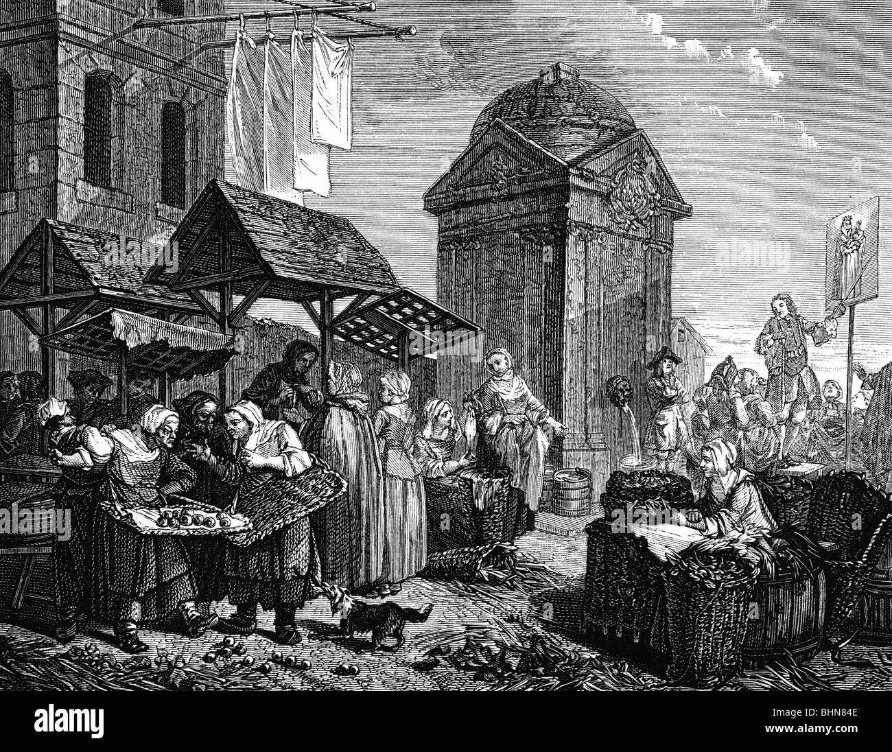 Handel, Märkte, Marktszene in Frankreich, 18. Jahrhundert, Holzgravur nach Jeaurat, historisch