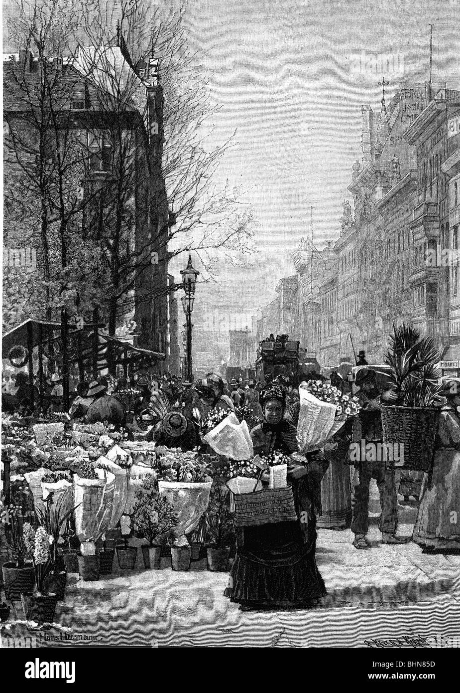 Handel, Märkte, Blumenmarkt am Doenhoffplatz, Holzgravur nach Zeichnung von Hans Herrmann, Berlin, 1898, Stockfoto