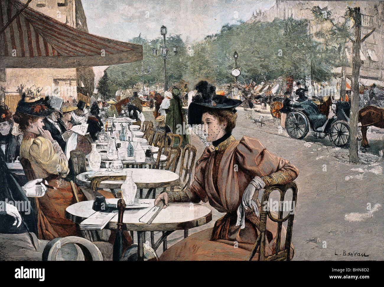 Gastronomie, Café, Straßencafé, 'Springtime at Paris Boulevard', farbige lithograph, nach Malerei von L. Barrau, Ende des 19. Jahrhunderts, Stockfoto