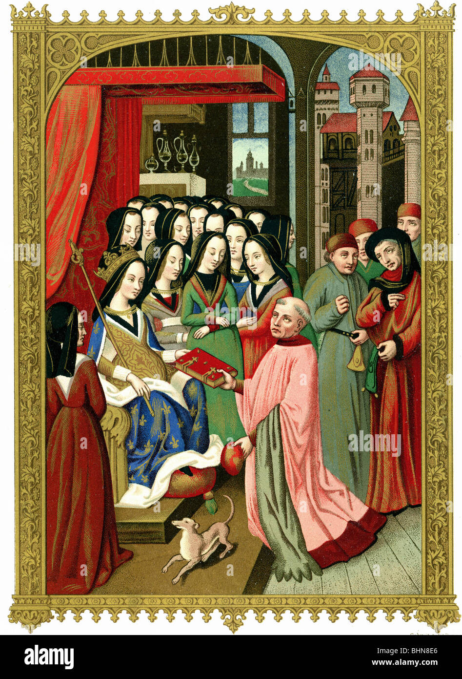 Marie von Anjou, Königin von Frankreich, Robert Blondel, der das Buch 'Douze perilz d'Enfer', 1455, nach Miniatur aus dem Manuskript, 15. Jahrhundert, Chromolithograph, vorstellt. Stockfoto