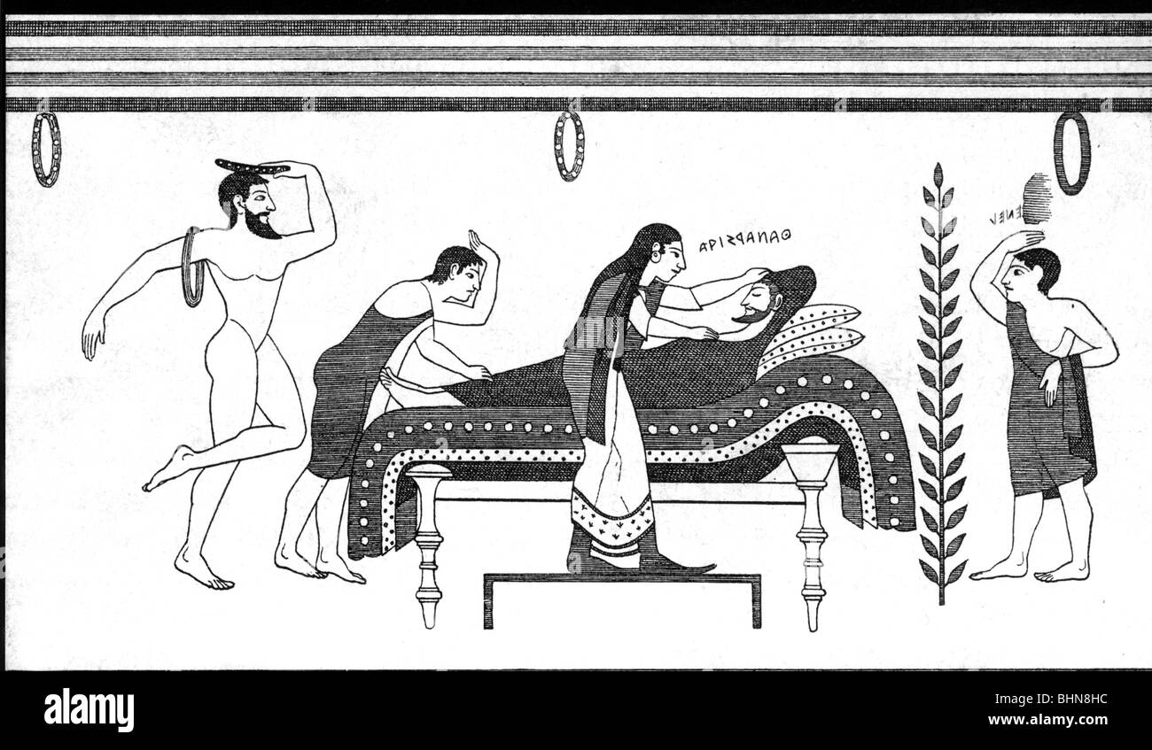 Alte Welt, Etrusker, Autopsie, Holzgravur nach Grabmalung, Tarquinia, post-mortem-Untersuchung, postmortem, PM, necropsie, Autopsien, Netropsien, historisch, historisch, Tod, Leichenpraxen, Totenkult, Totenkult, Bier, Lätzchen, legen, legen, in Staat legen, Sterbekörper, Körper, Tearinität, Tanz, Tänzerin, Familie, Frau, Frau, alte Welt, Frau, Schrift Stockfoto