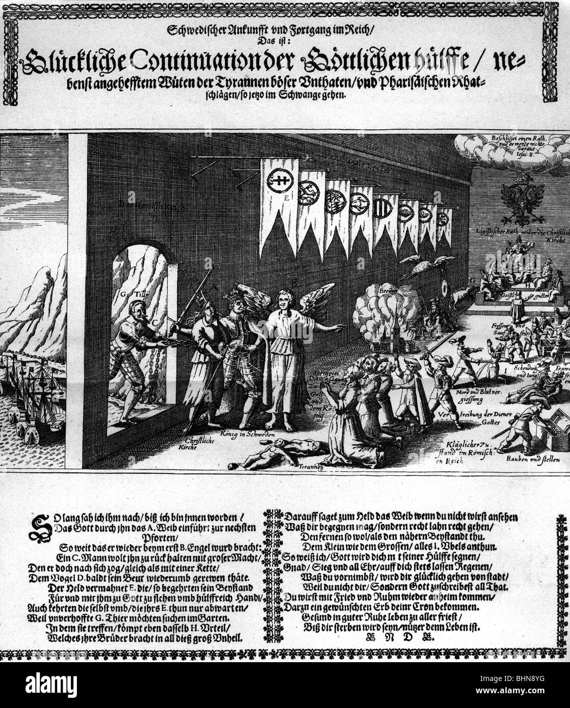 Ereignisse, Dreißigjähriger Krieg 1618 - 1648, schwedische Intervention 1630 - 1635, Ankunft von Gustavus Adolphus und der Schweden in Deutschland, Allegorie, protestantisches Flysheet, 1631, Schweden, Heiliges Römisches Reich, Kaiser Ferdinand II., Papst Urban VIII., Johann Tsaerclaes Graf Tilly, katholiken, Kirche in Ketten, Vasa, Propaganda, Religionskriege, Soldaten, 17. Jahrhundert, Historisch, historisch, Menschen, Stockfoto
