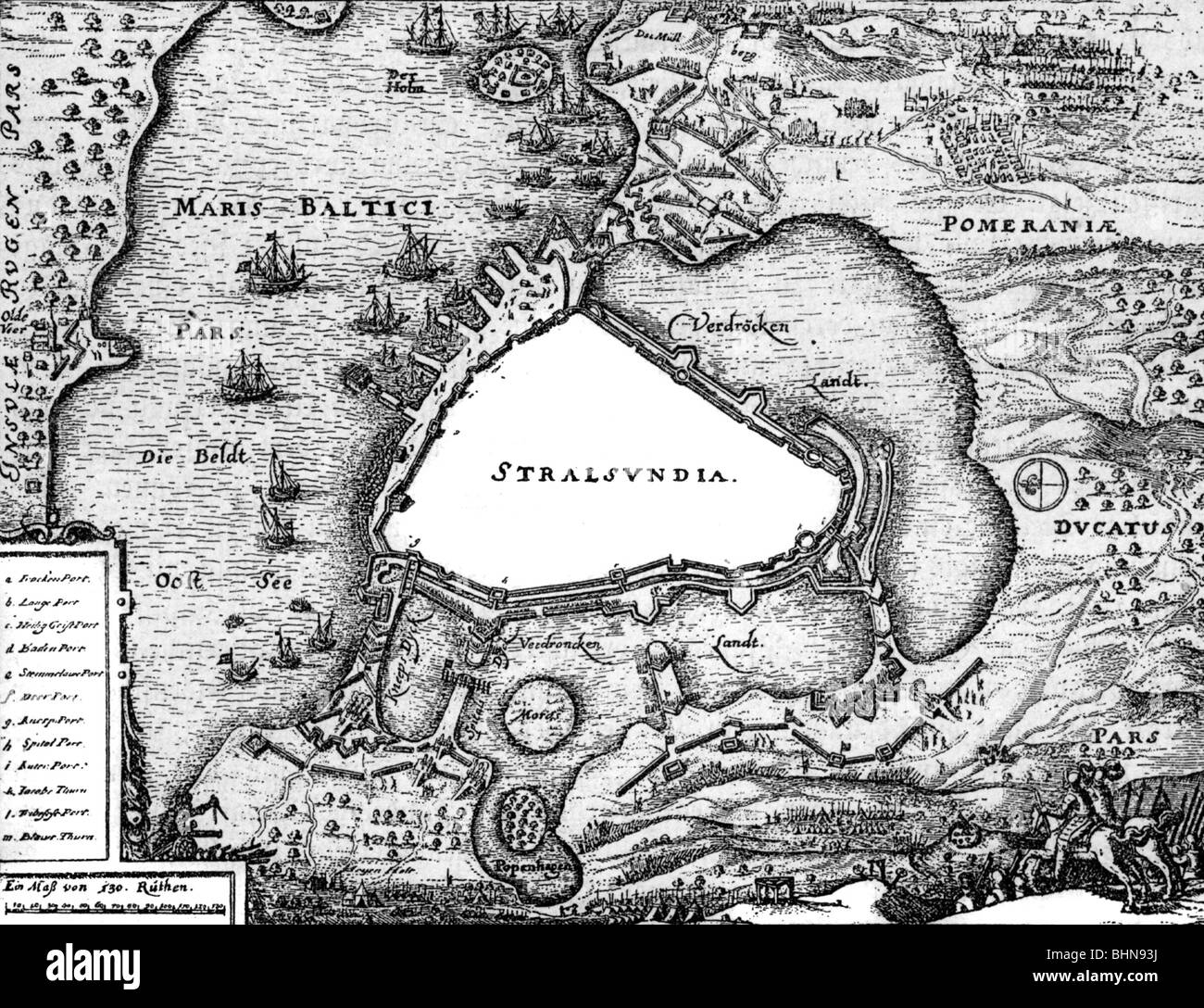 Veranstaltungen, dreißig Jahre Krieg 1618 - 1648, dänischer Intervention 1625-1629, Belagerung von Stralsund, 23.5.-4.8.1628, Kupferstich von Matthäus Merian, "Theatrum Europaeum", 1.Band, 1635, Artist's Urheberrecht nicht geklärt zu werden. Stockfoto