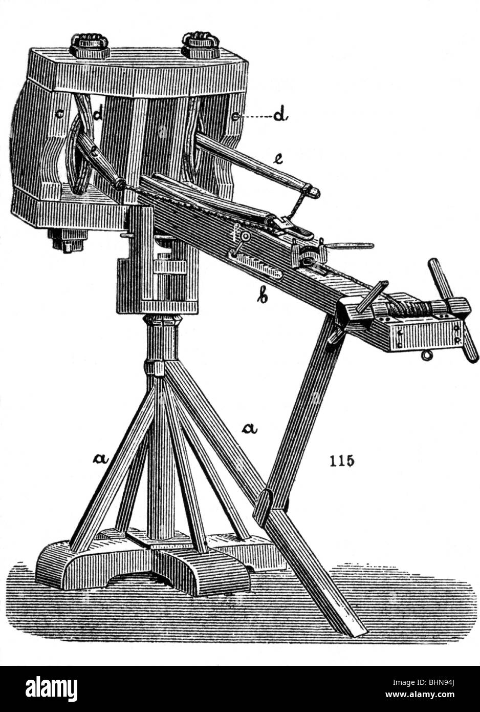 Militär, alte Welt, Waffen, Katapult, Euthytonon (horizontale Waffe), eng, Wiederaufbau, 19. Jahrhundert, historisch, historisch, Katapulte, griechische Belagerungswaffe, Waffen, Artillerie, alte Welt, Stockfoto