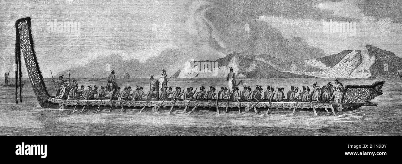 Geographie / Reisen, Neuseeland, Menschen, Maori in übergroßen Ruderboot, Kupfer-Gravur auf der Reisebericht von James Cook 1774, Stockfoto