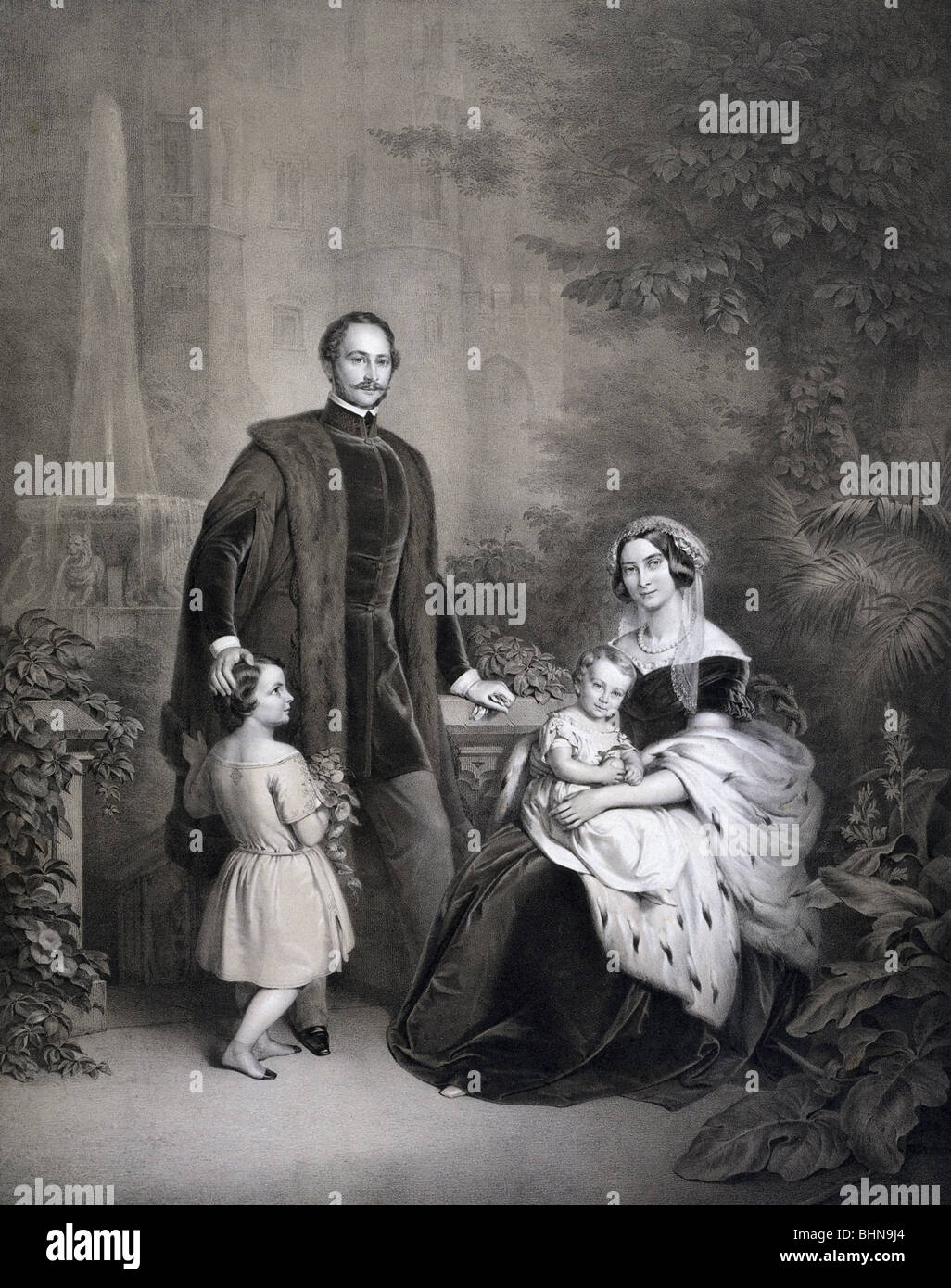 Maximilian II. Joseph, 28.11.11.11 - 10.3.1864, König von Bayern 20.3.1848 - 10.3.1864, mit Frau Maria und den Söhnen Louis und Otto, Hohenschwangau, lithographisch von Woelfle, ca. 1850, Stockfoto
