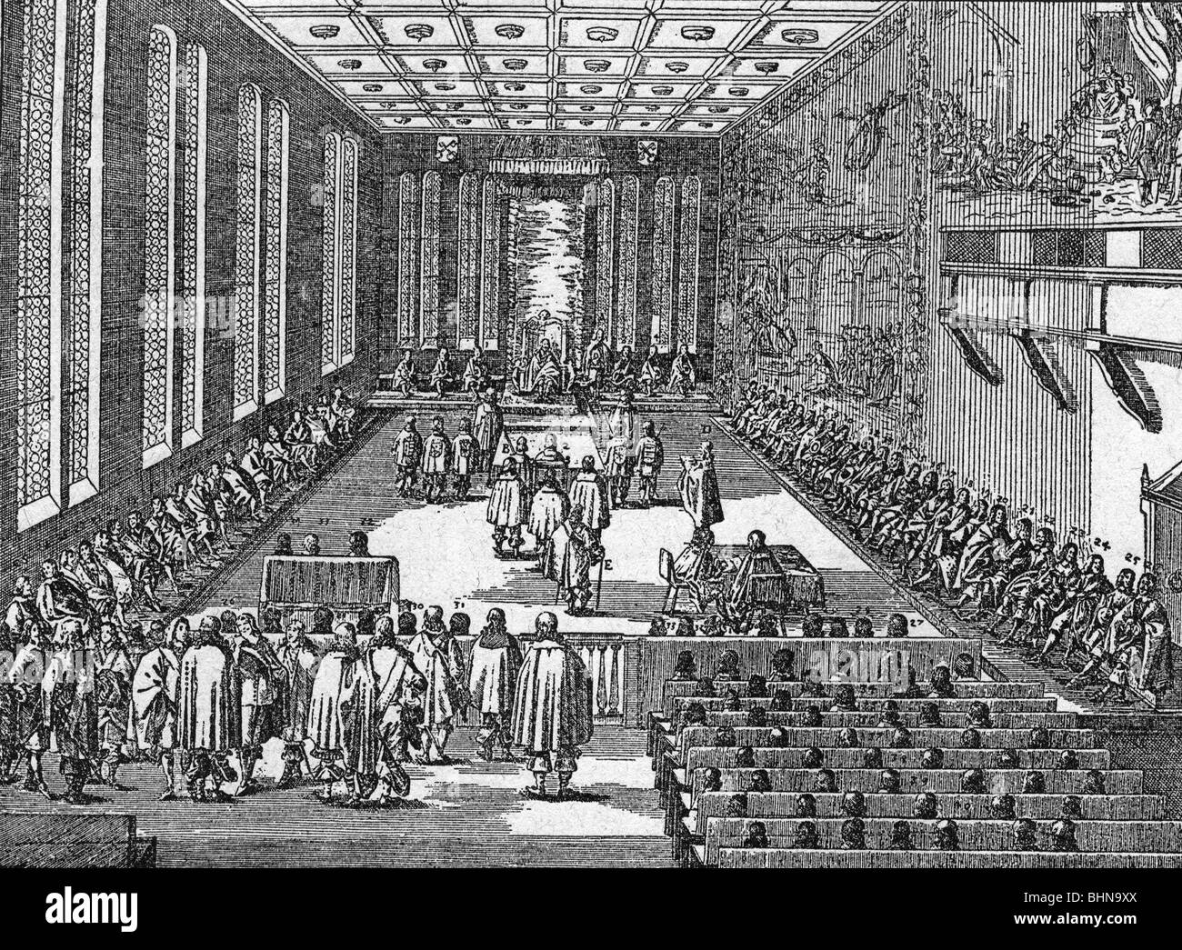 Geografie/Reisen, Deutschland, Politik, Reichstag, Regensburg, Eröffnung, Zeitblatt, Breitblatt, herausgegeben von Paul Fierst, Nürnberg, 1653, Stockfoto