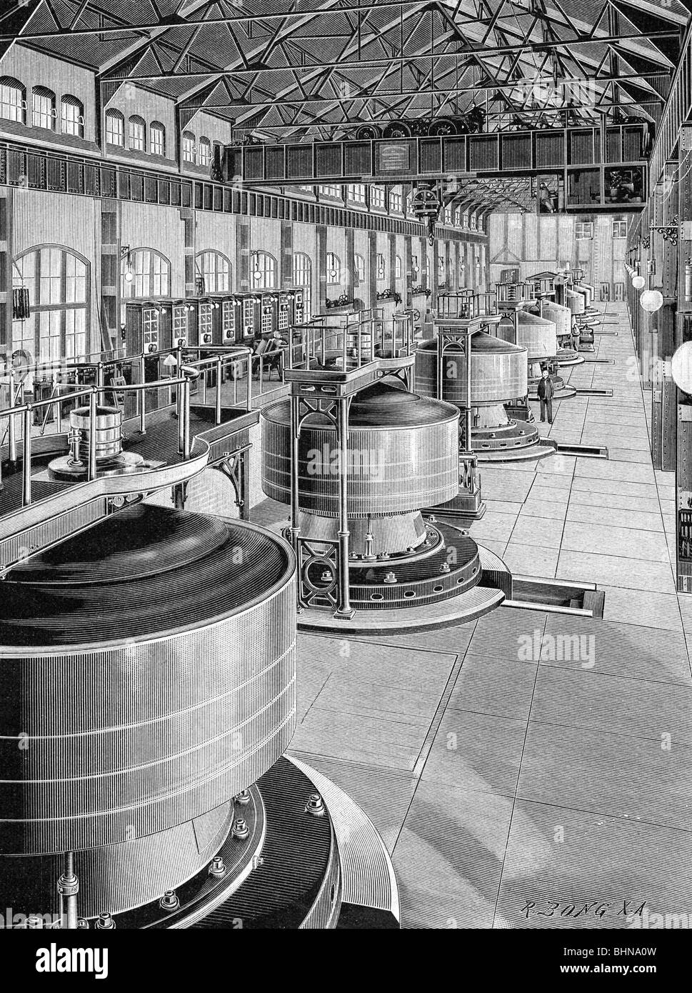Energie, Strom, Stromerzeugung, Turbinen im Kraftwerk, Niagarafälle, USA, Holzgravur von R. Bong, Ende des 19. Jahrhunderts, historisch, Kraftwerk, Turbinen, Stromerzeugung, Stromerzeugung, Industrie, Stromproduktion, Stromstrom, Elektrifizierung, Halle, Stromversorgung, Stromversorgung, Stromversorgung, Stromversorgungen, Spannungsversorgungen, unterbrechungsfreie Stromversorgung, Menschen, Stockfoto