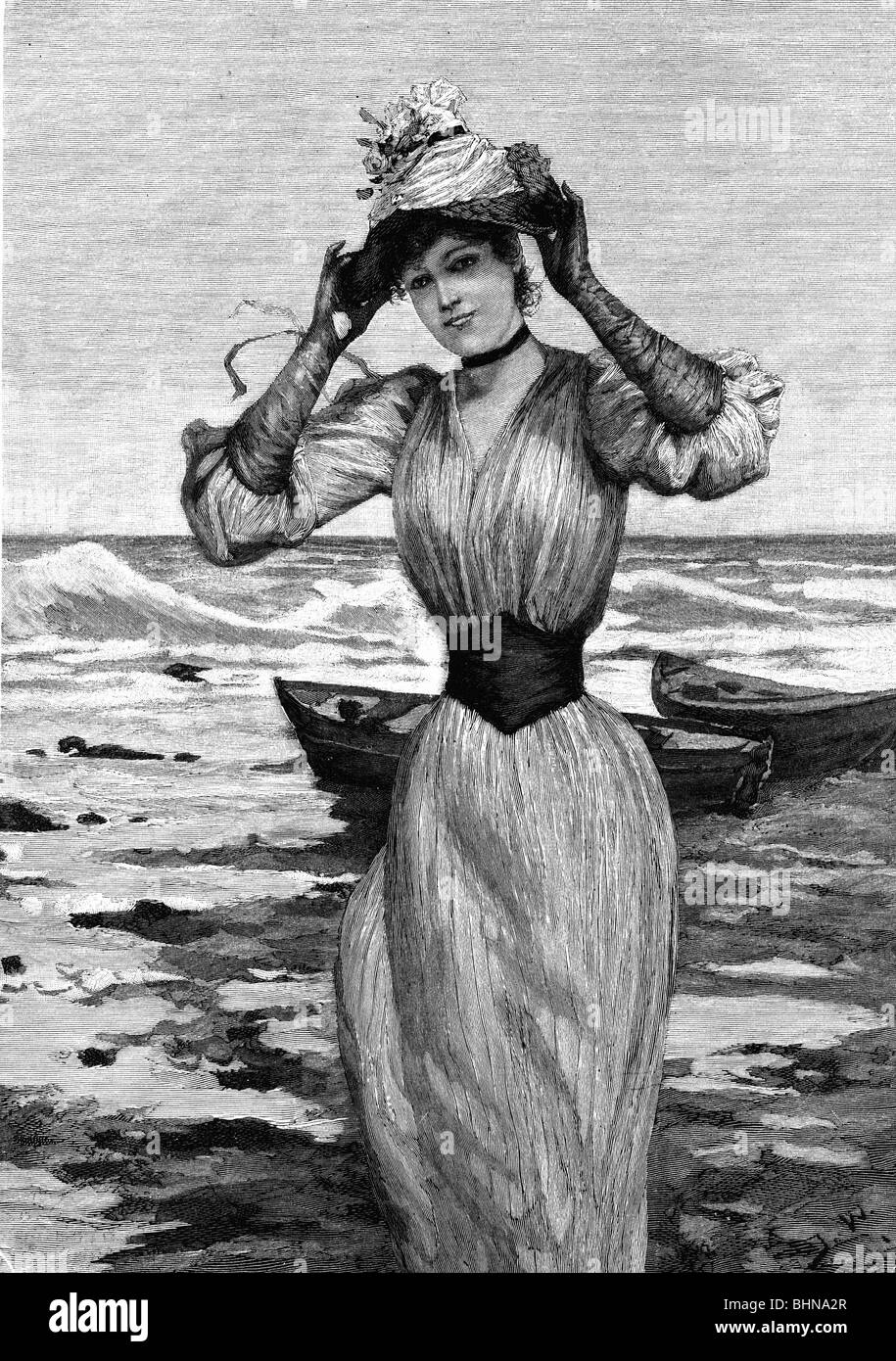 Mode, Damenmode, Strandmode, Dame mit Sonnenfrock, Holzgravur nach Zeichnung von Josef von Wodzinski, Gartenlaube, 1893, Stockfoto