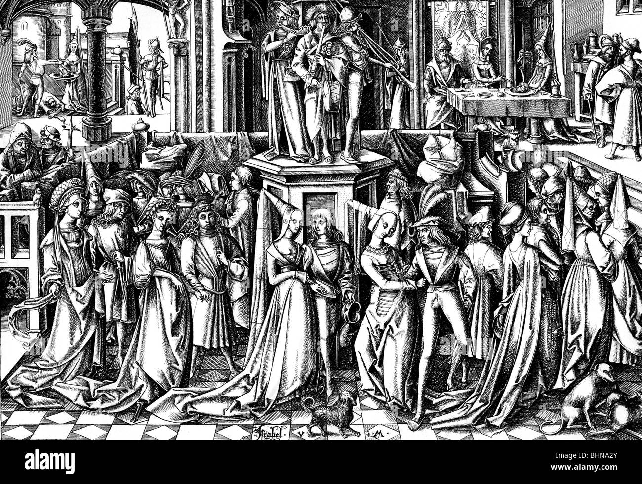 Festlichkeit, Bälle und Gesellschaft, Ball einer Niederdeutschen Hofgesellschaft, 15. Jahrhundert, nach zeitgenössischer Kupferstich von Israel van Meckenem, historisch, historisch, Kugel, Adel, Deutschland, Paare, Mode, Mittelalter, Musiker, Musiker, Musiker, Plattform, Sockel, Plattformen, Sockel, Männer, Frauen, Menschen, Stockfoto