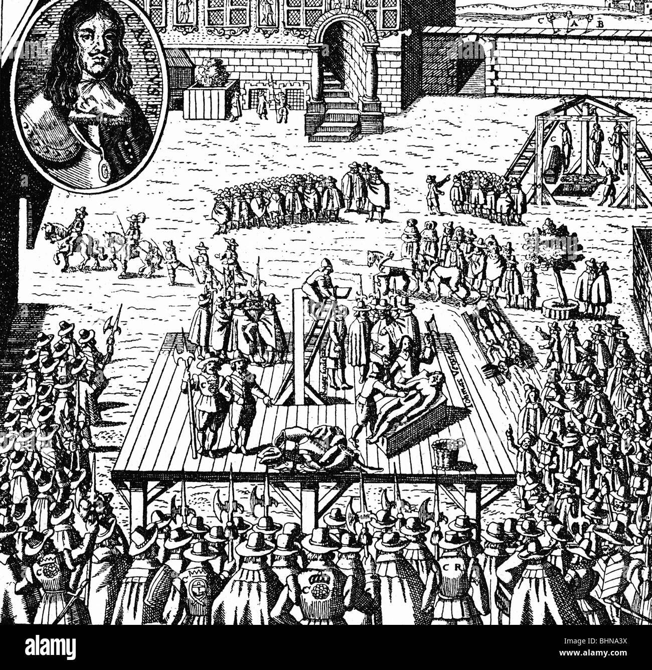 Justiz, Strafvollzug, hängen, Ausführung von Ausschreitungen Quäker, London, 4.2.1661, Stockfoto