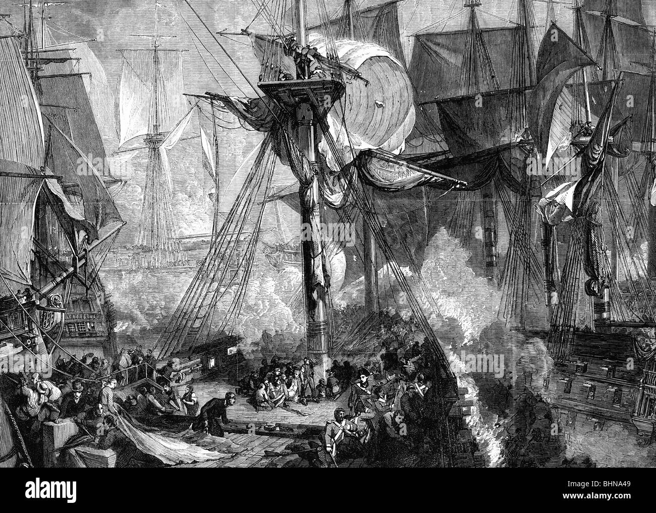 Ereignisse, Krieg der Dritten Koalition 1805, Schlacht von Trafalgar, 21.10.1805, Tod von Admiral Horatio Nelson, Gravur nach der Anstrich von Joseph Turner (1775 - 1851), Stockfoto