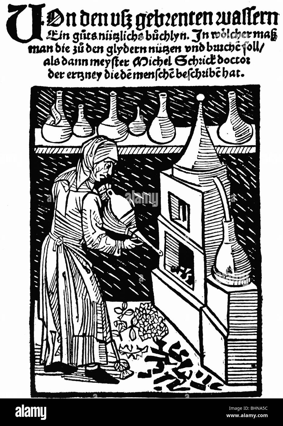 Alchemie, Destillation, Wasserbrenner, Deckel, Holzschnitt an Michael Puff von Schrick 'Von den ausgebrannten Wassern' (Aus den ausgebrannten Gewässern), Straßburg, 1519, Stockfoto