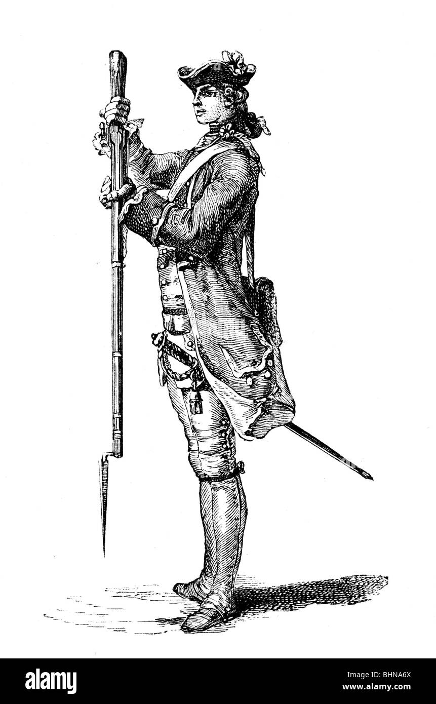 Militär, Frankreich, Infanterie, ausübenden Offizier, Salute mit dem Gewehr, nach Kupferstich von Gravelot, 1766, Stockfoto