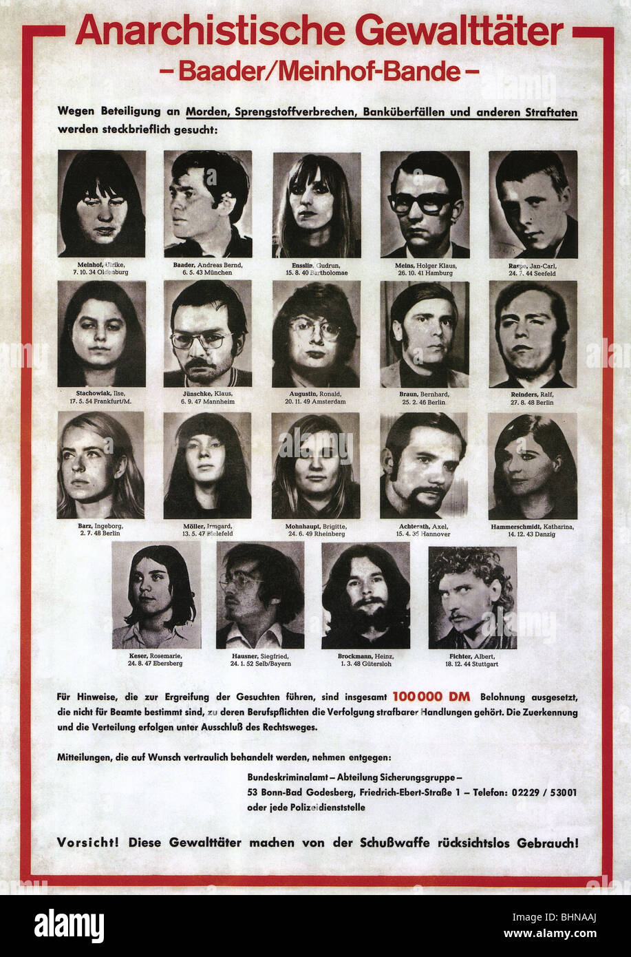 Justiz, Terrorismus, Rote Armee Fraktion (RAF), Profil, Personenbeschreibung, "Anarchistische Verbrecher", Plakat des Bundeskriminalamts, Dienststelle Sicherheit, 1970, Stockfoto