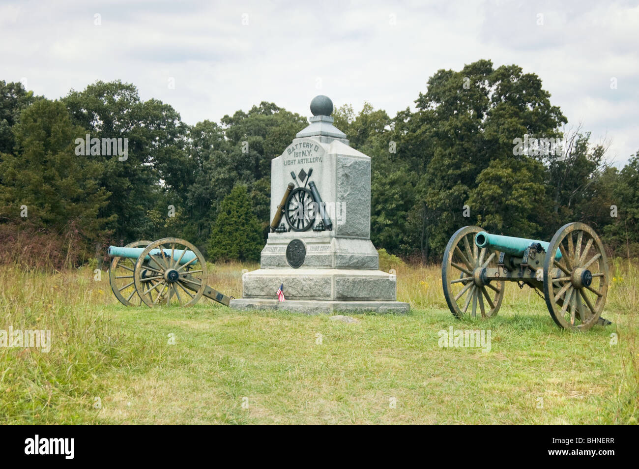 Bild von Artilleriestellungen der 1. NY Licht Artillerie im Weizenfeld bei Gettysburg National Military Park. Stockfoto