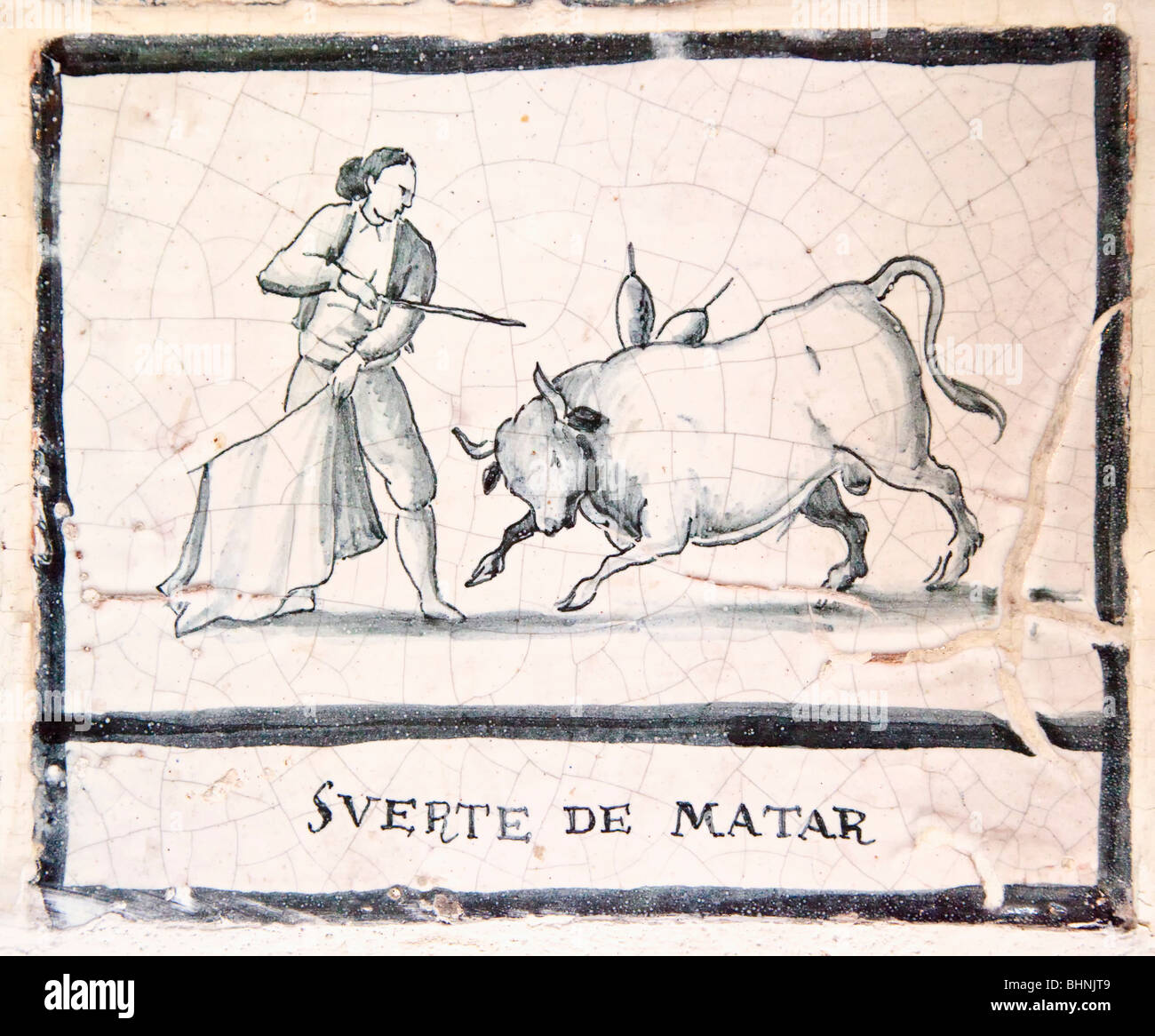 Malaga, Provinz Malaga, Costa Del Sol, Spanien. Stierkampf-Szene auf antiken Fliesen in Bar El Pimpi. "Die Tötung-Bühne" Stockfoto