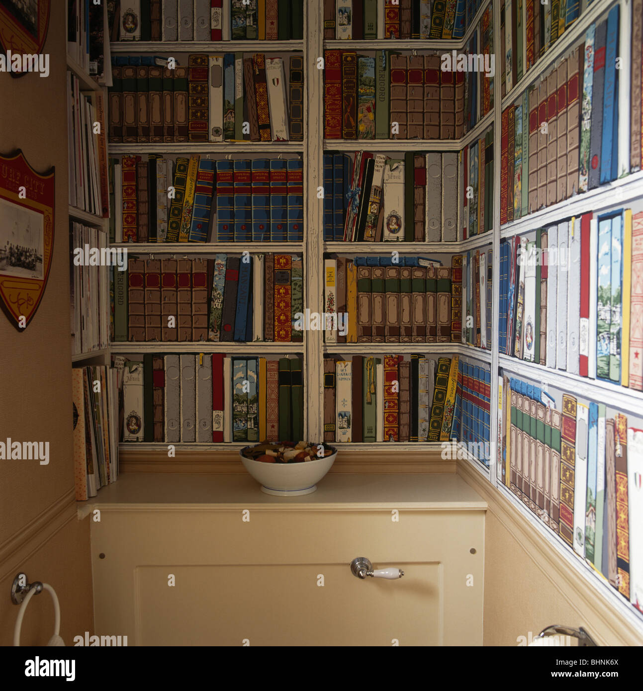 Nahaufnahme des Trompe-l ' œil gemalt Bücherregale in traditionellem Bad Stockfoto