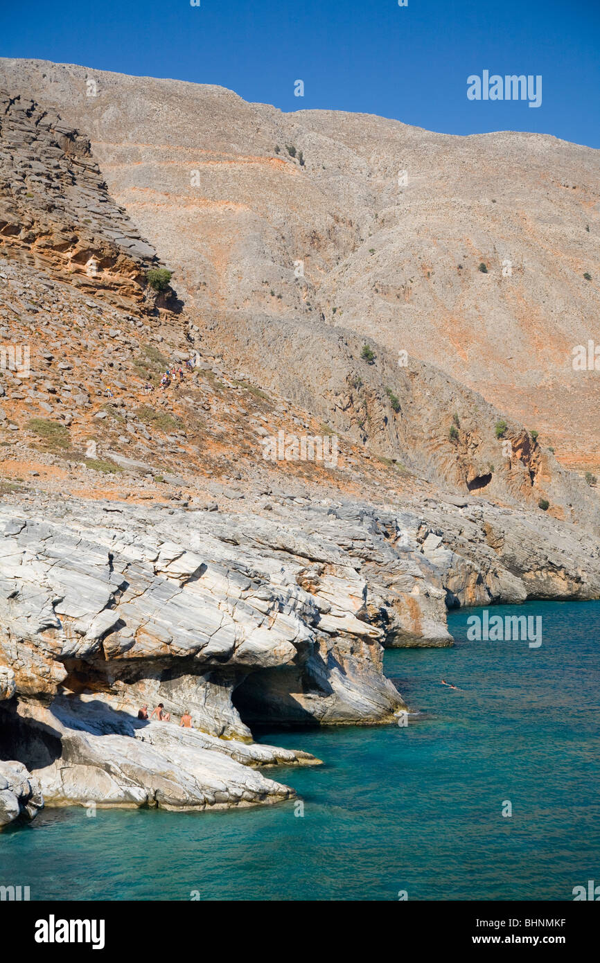 Felsformationen in der Nähe von Marble Strand, an der Mündung des Aradena Schlucht. Weiße Berge, Kreta, Griechenland. Stockfoto