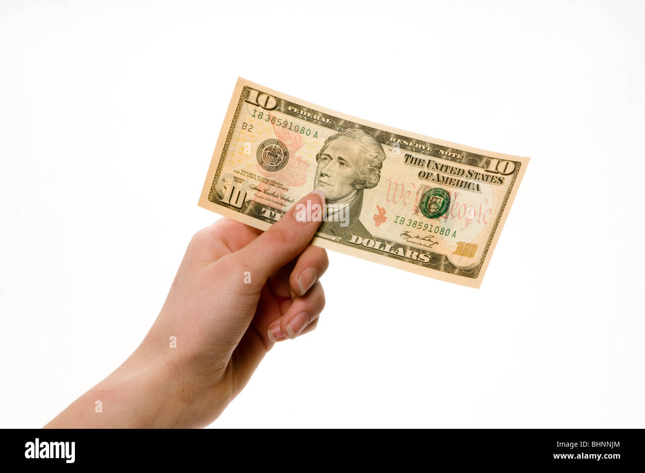 Single Hand zehn Dollar Bill USA Stockfoto