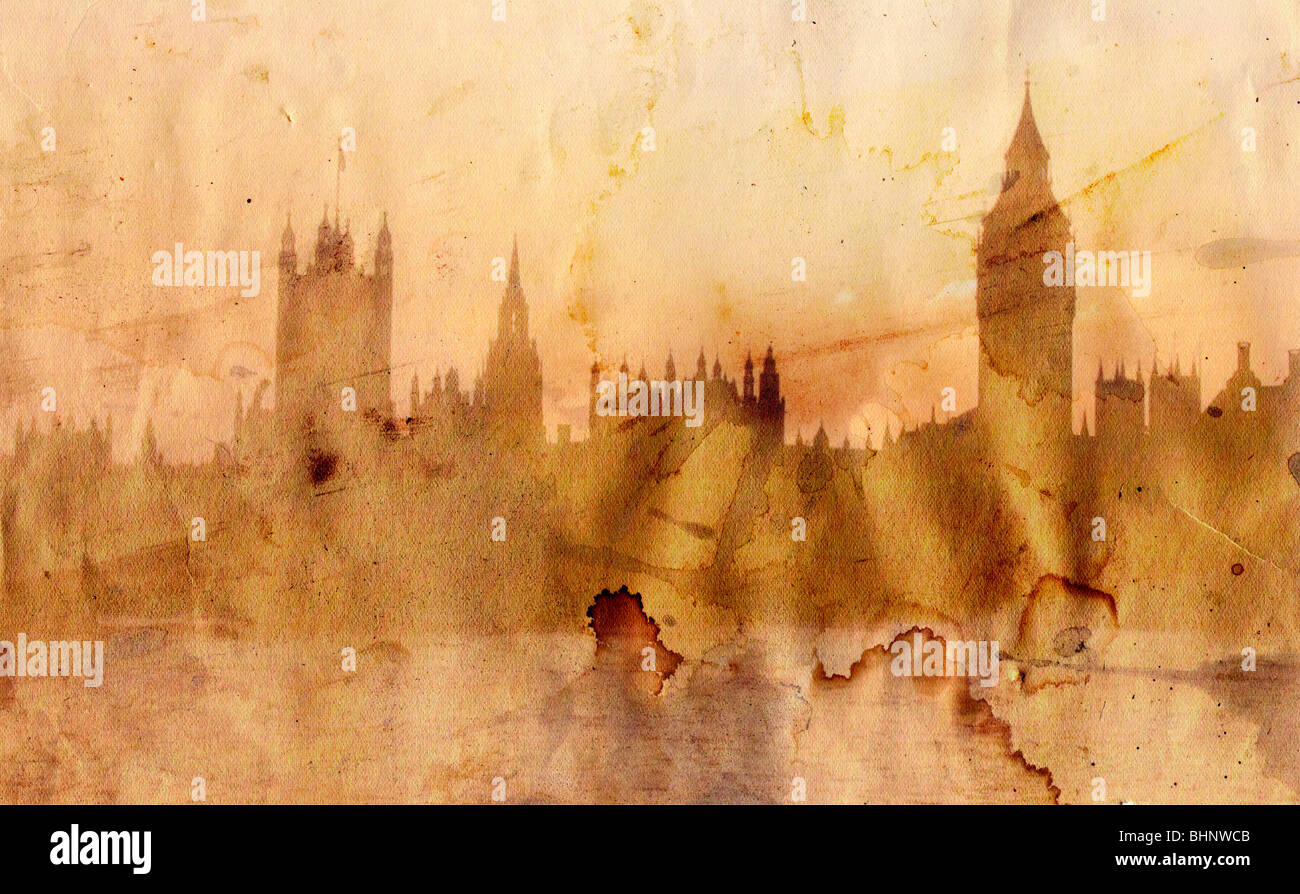 Panorama von London - Big Ben und Türme von Westminster - im Grunge-Stil Stockfoto