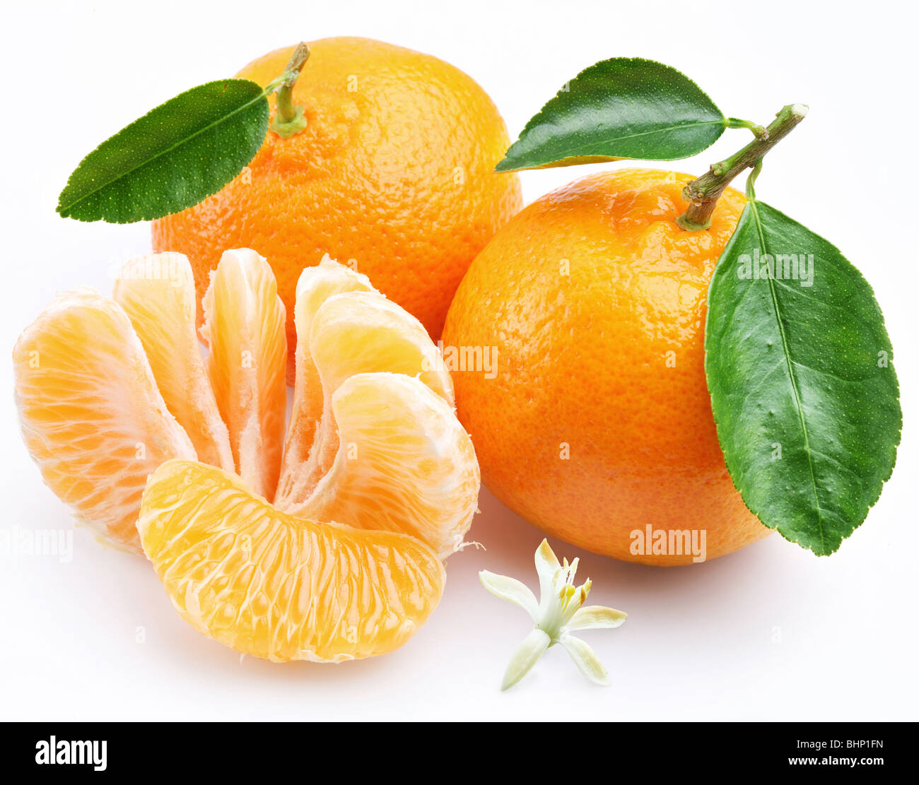 Mandarine mit Segmenten auf weißem Hintergrund Stockfoto