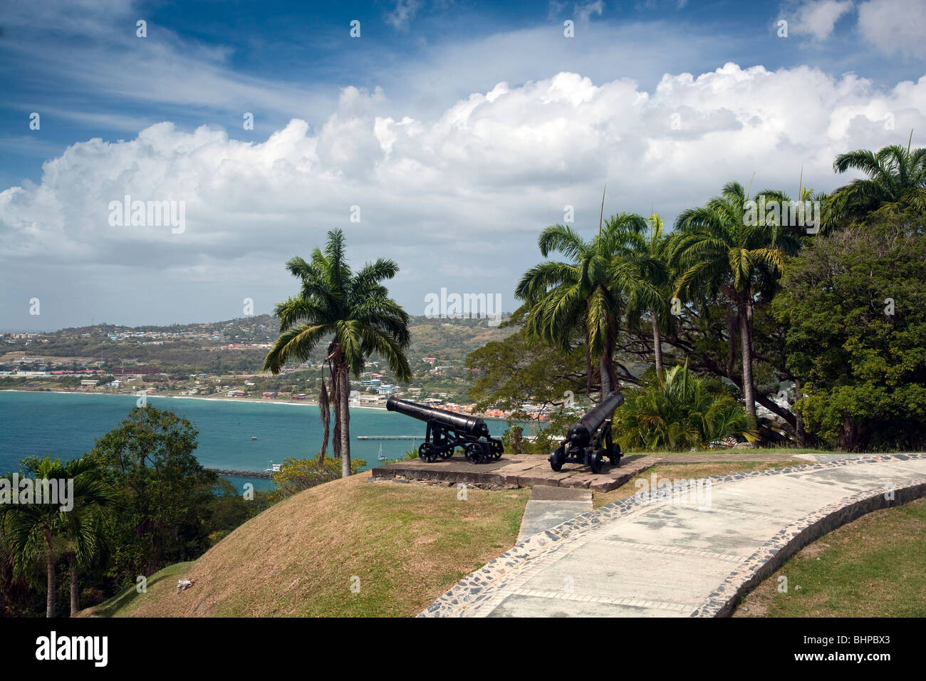 Blick über Rockly Bay und Scarborough aus Fort King George Tobago. Stockfoto