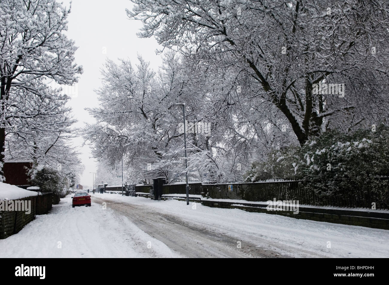Urban Street und Bäume bedeckt mit Schnee bei schlechtem Wetter Manchester UK Stockfoto