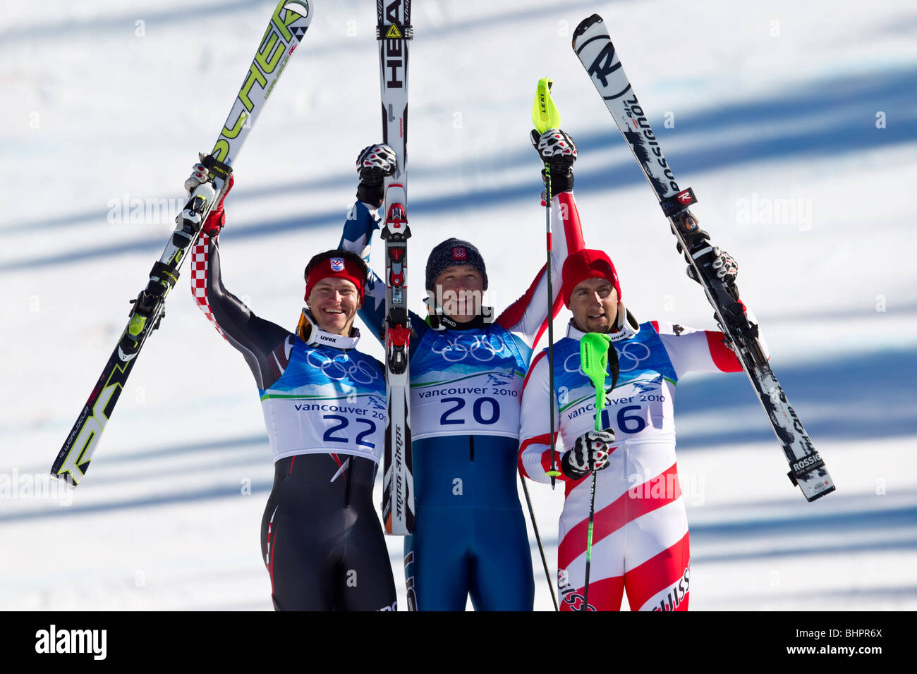 Bode Miller (USA), gold-Medaillengewinner, Ivica Kostelic (CRO) Silber, Bronze Silvan Zurbriggen (SUI), in der die Männer Superkombination Stockfoto