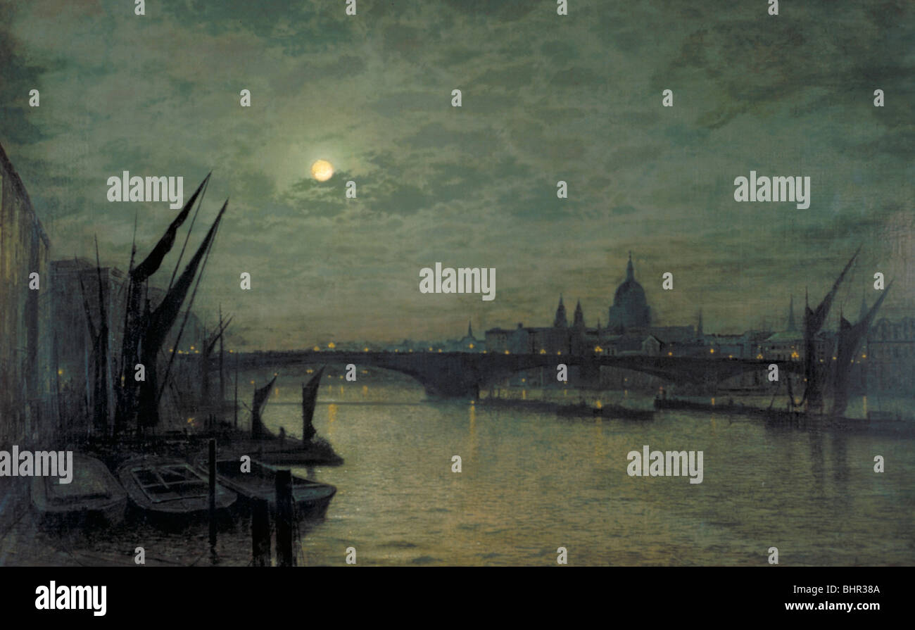 "Die Themse bei Mondschein mit Southwark Bridge", 1884. Künstler: John Atkinson Grimshaw Stockfoto