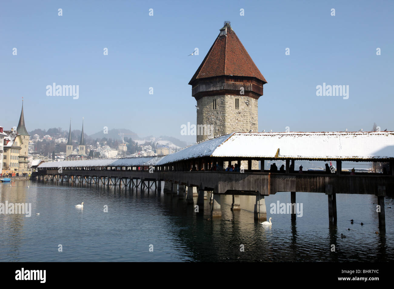 Kapellbrucke, Luzern, Kapellbrücke 14. Jahrhundert, älteste Brücke in Europa Stockfoto