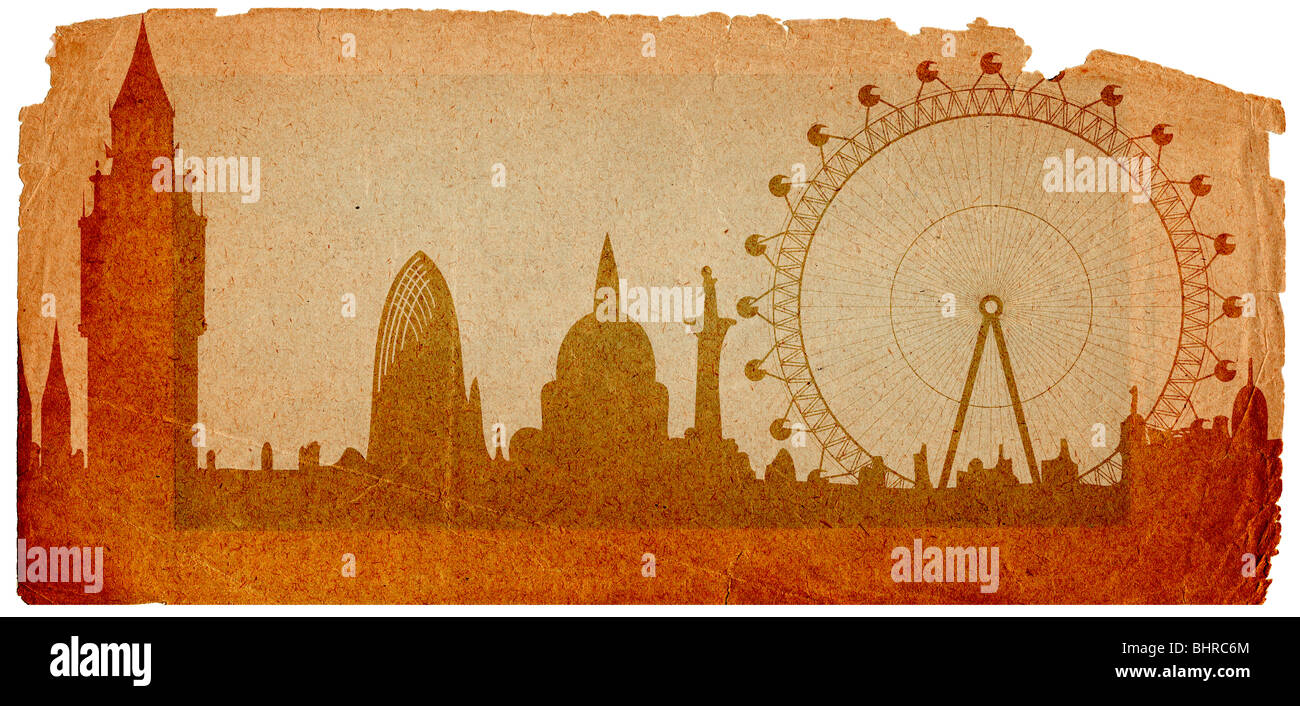 Bild auf das Panorama von London - Big Ben, London Eye - im Grunge-Stil Stockfoto