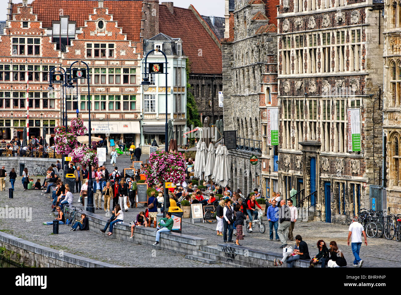 Guild Häuser am Graslei Kai in Gent, Flandern, Belgien, Europa Stockfoto