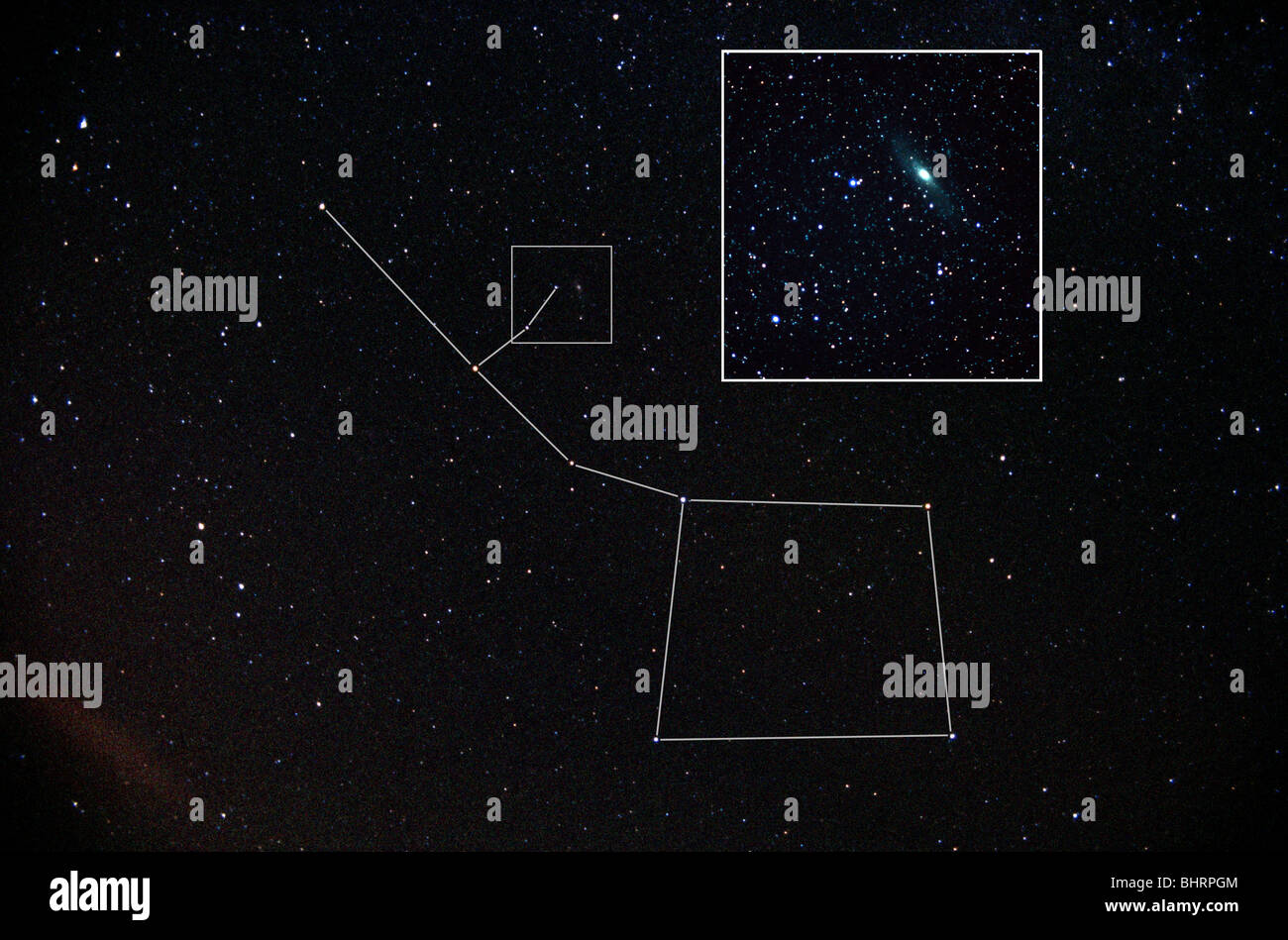 Andromeda und der Platz der Pegasus, einschließlich Widder und Triangulum im Weitwinkel. Stockfoto