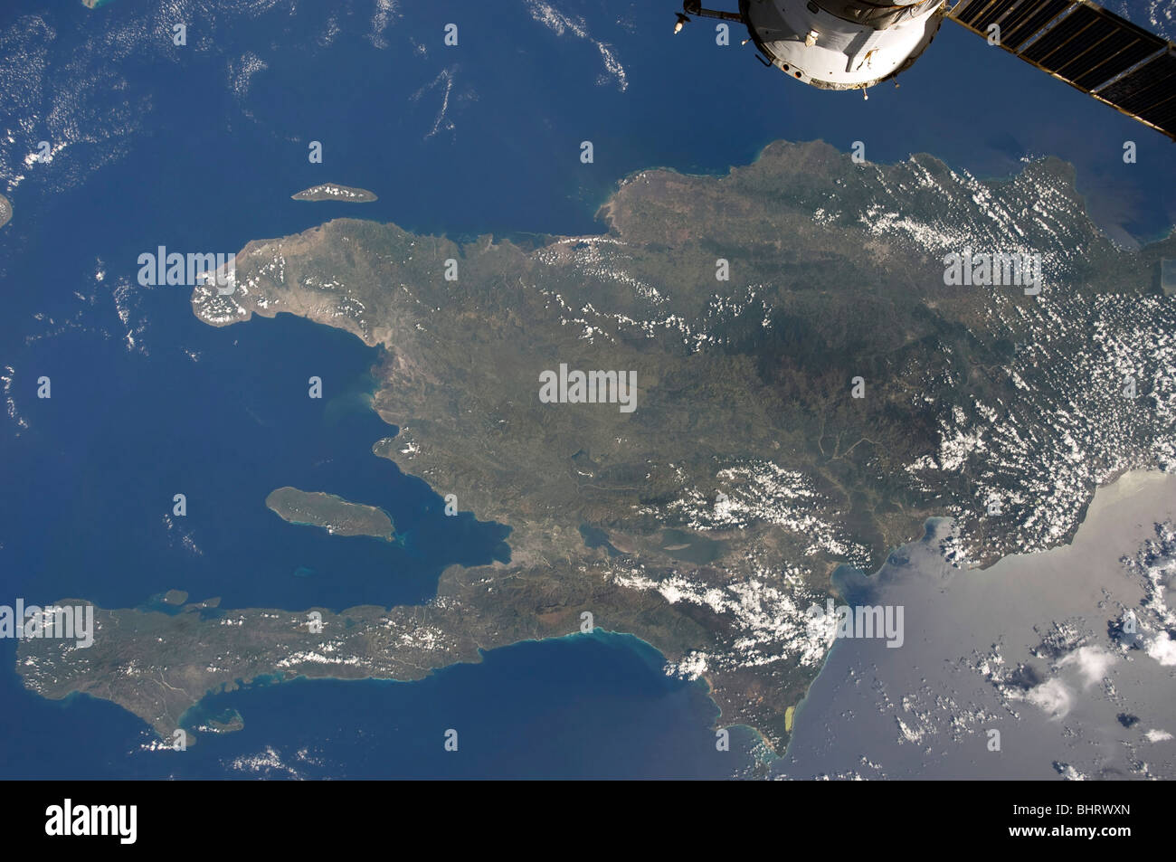 Ein Blick auf der karibischen Insel Hispaniola aus der internationalen Raumstation ISS. Stockfoto