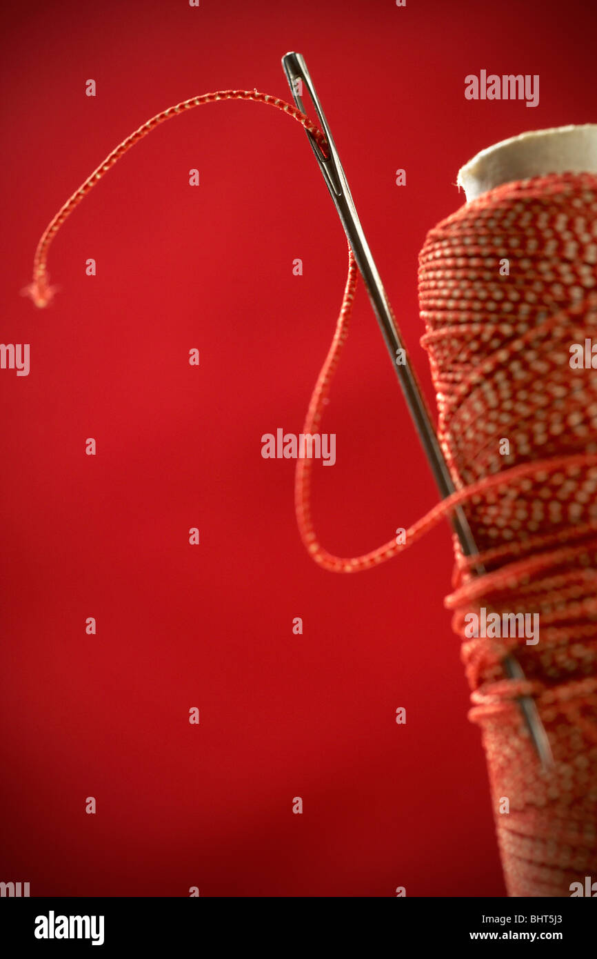 Makroaufnahme eines Auges von einer Nadel Agaist roten Hintergrund Stockfoto