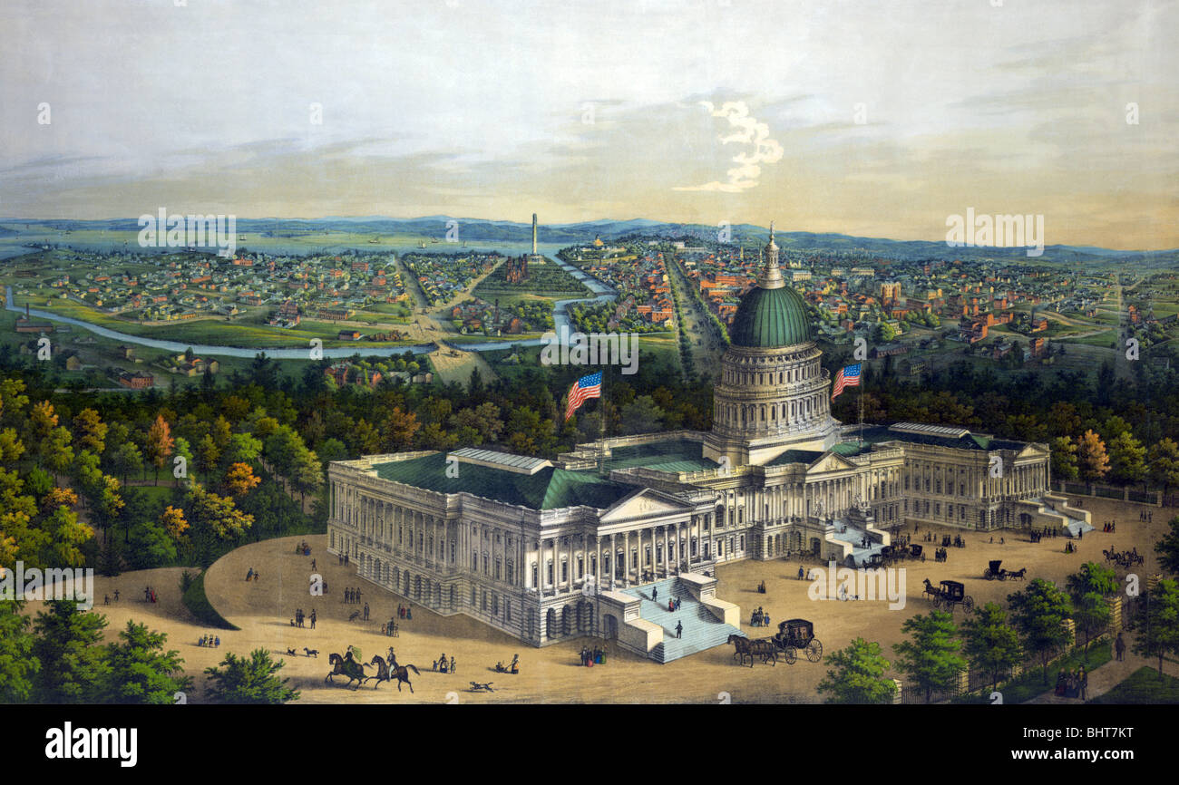 Print c1856 Lithographie zeigt einen Panoramablick über Washington Stadt (jetzt bekannt als Washington DC) mit US Capitol im Vordergrund. Stockfoto