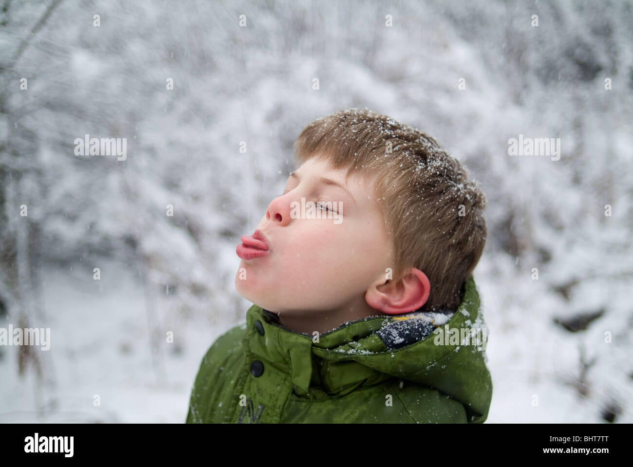 Kleiner Junge versucht, Schneeflocken auf der Zunge zu fangen Stockfoto