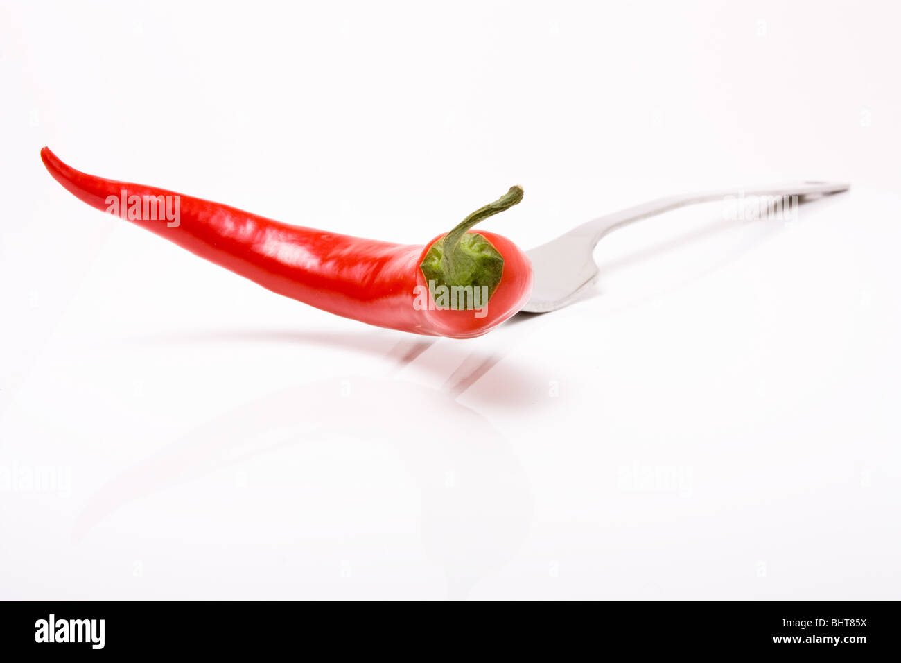 Einzelne rote Chili aufgespießt mit Gabel vor weißem Hintergrund. Stockfoto