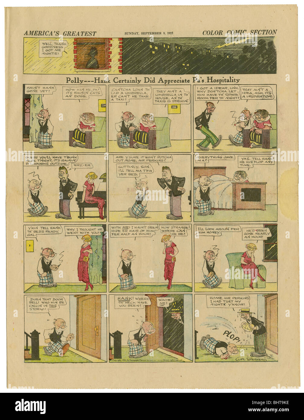 9. September 1923 Farbe Sonntag Zeitung Comicseite, Polly und ihre Freunde von Cliff Sterrett. Stockfoto