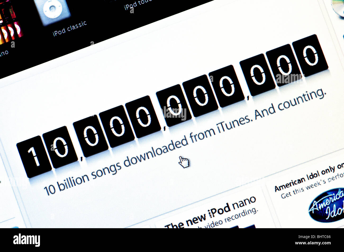 Makro-Screenshot von der "Live-Ticker" der Apple iTunes Website enthüllt, dass 10 Milliarden Songs jetzt heruntergeladen wurden. Stockfoto