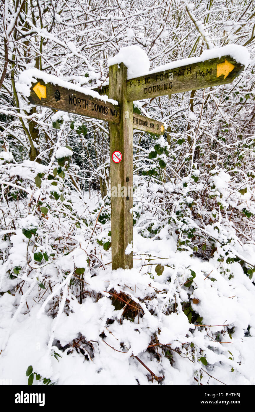 North Downs Way Wegweiser bedeckt mit Schnee, in der Nähe von Dorking, Surrey, UK Stockfoto