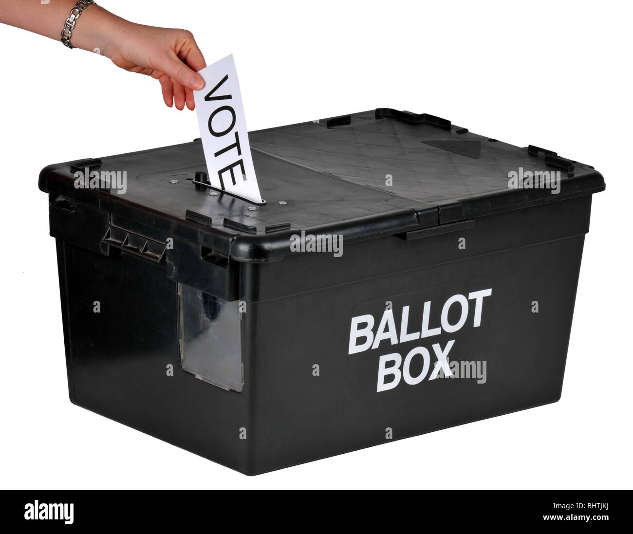 Wahlurne, Hand, indem eine Abstimmung in eine Wahlurne, Abstimmung mit Wahlurne Stockfoto