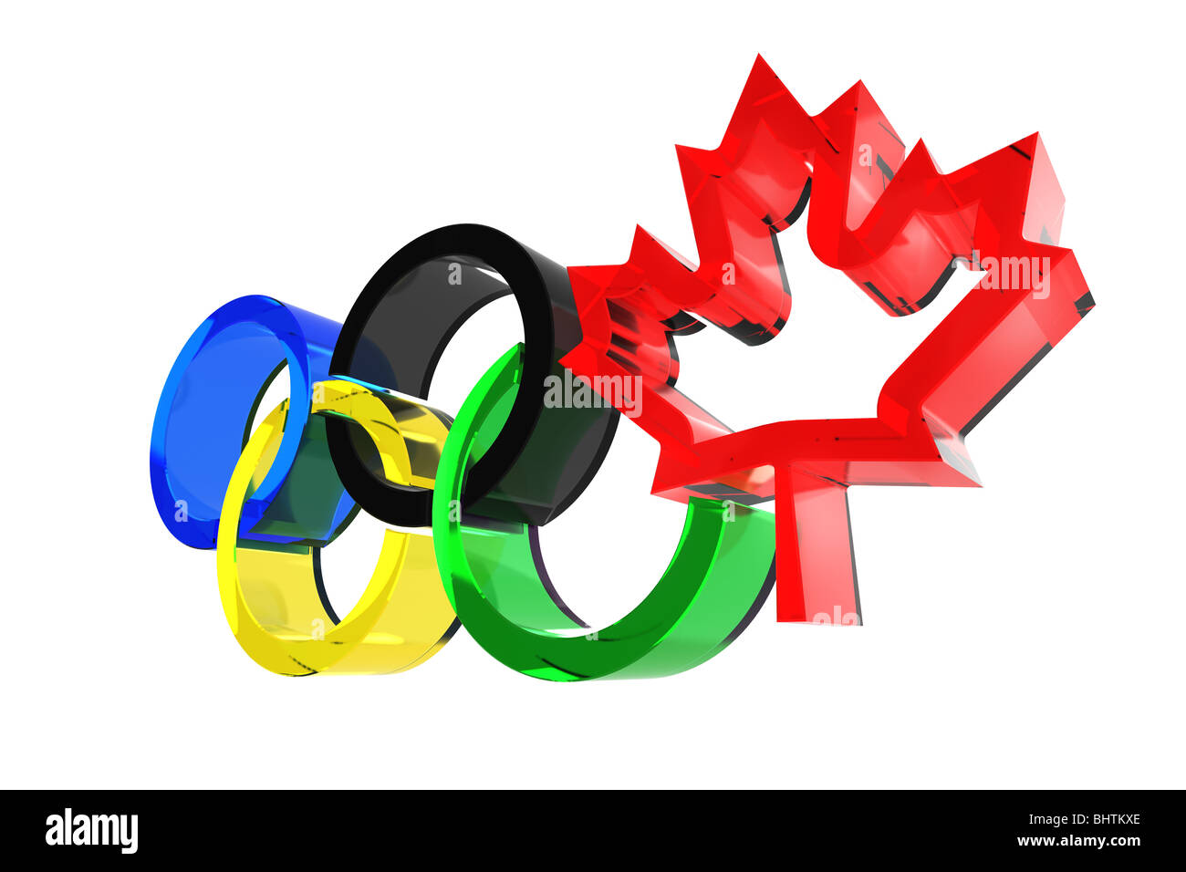 Olympische Ringe mit einem Kanada Maple Leaf-Symbol. Vancouver 2010 Olympischen Konzept. Isoliert auf weißem Hintergrund. Stockfoto