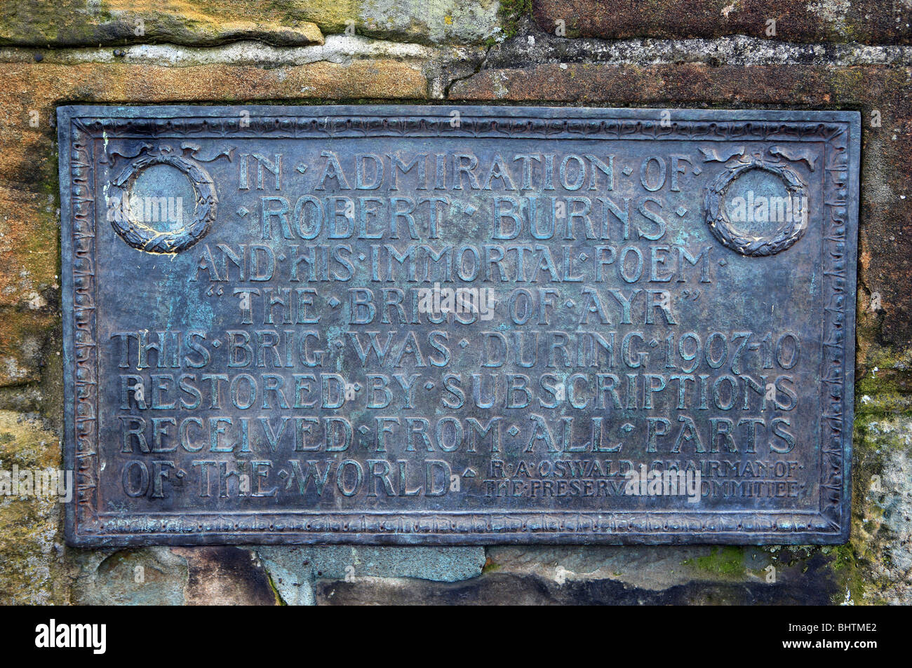 Gedenktafel in der Brücke von Ayr in Bewunderung von Robert Burns Gedicht "The Brig von Ayr" Stockfoto