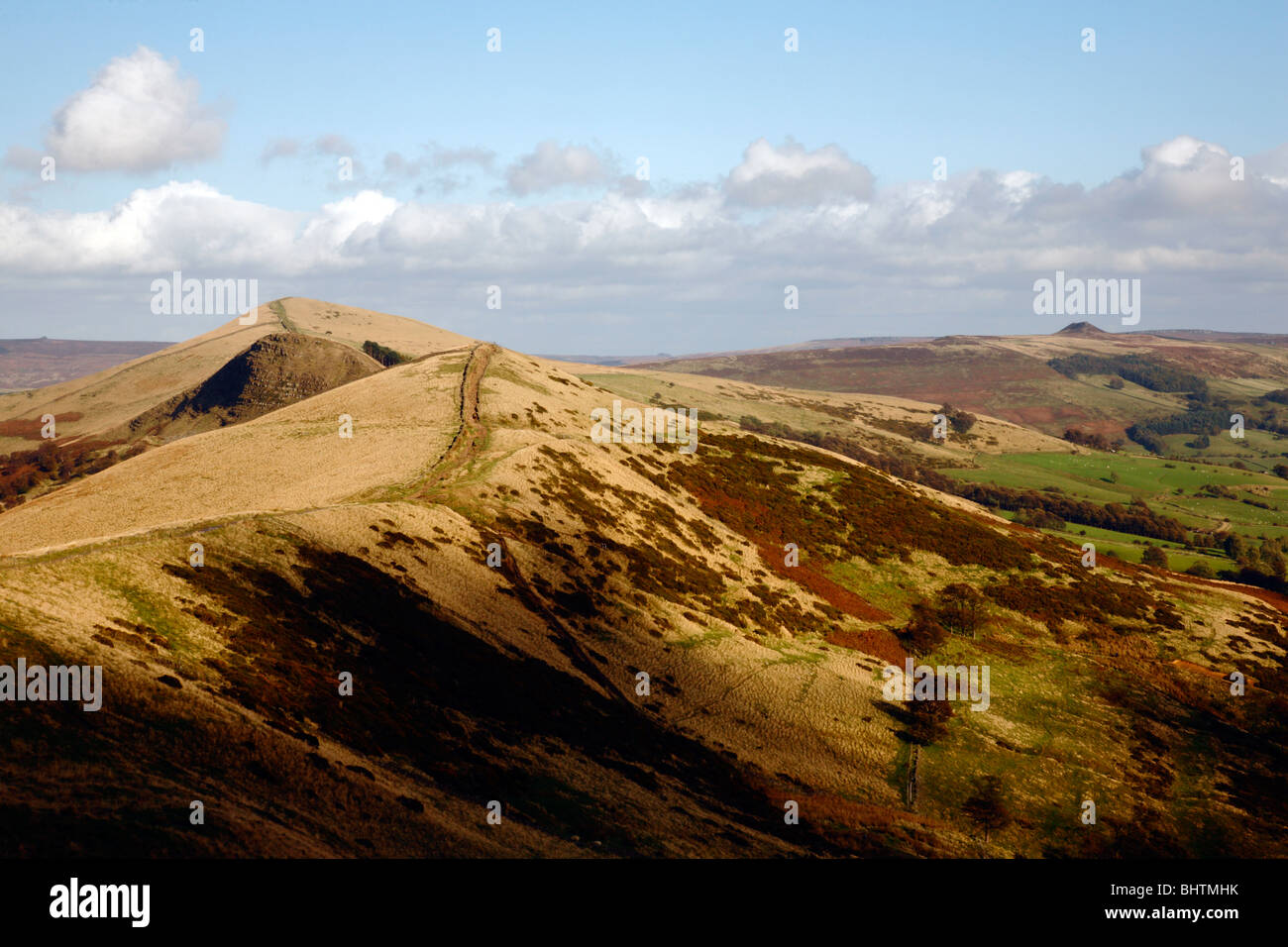 Winhill Hecht, Lose Hill oder Stationen Stück, Backtor und Barker Bank aus MamTor, Peak District National Park, Derbyshire, England, UK. Stockfoto