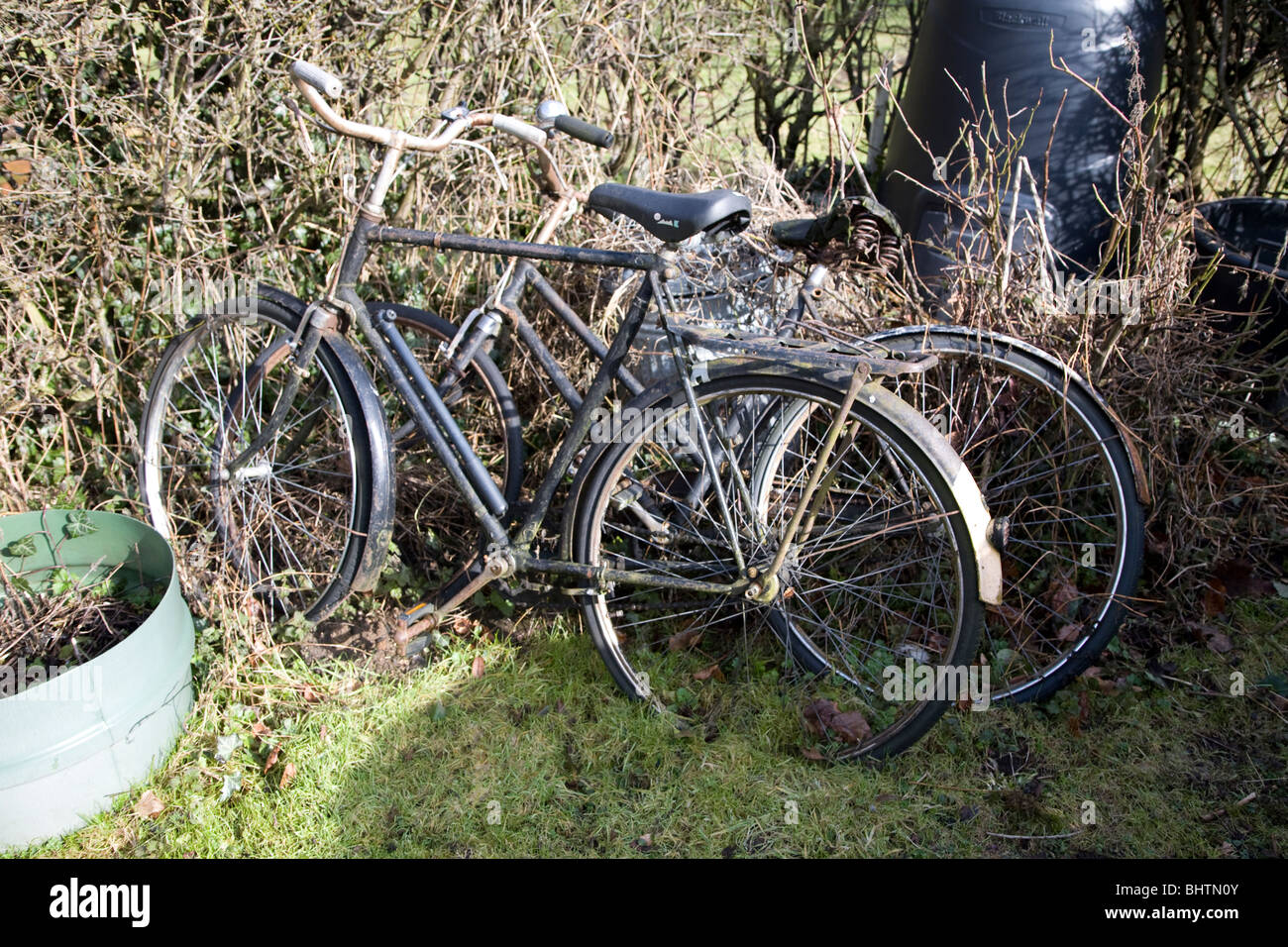 Zwei alte Schwarz Fahrräder im Garten aufgegeben Stockfoto