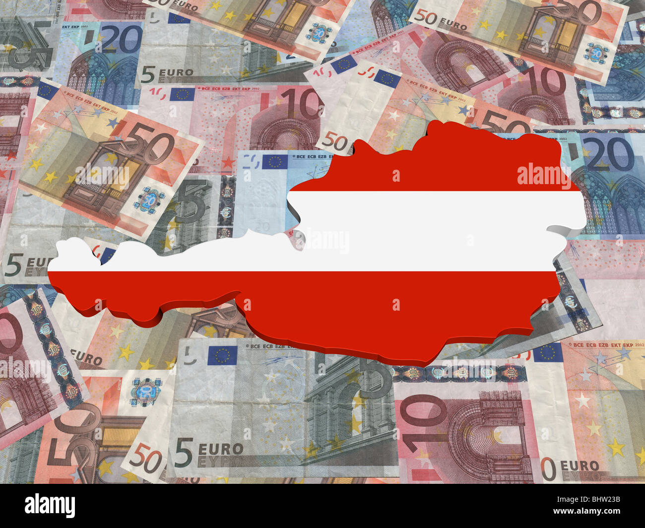 Österreich 3d Karte Flagge auf Euro-Währung-Illustration Stockfoto