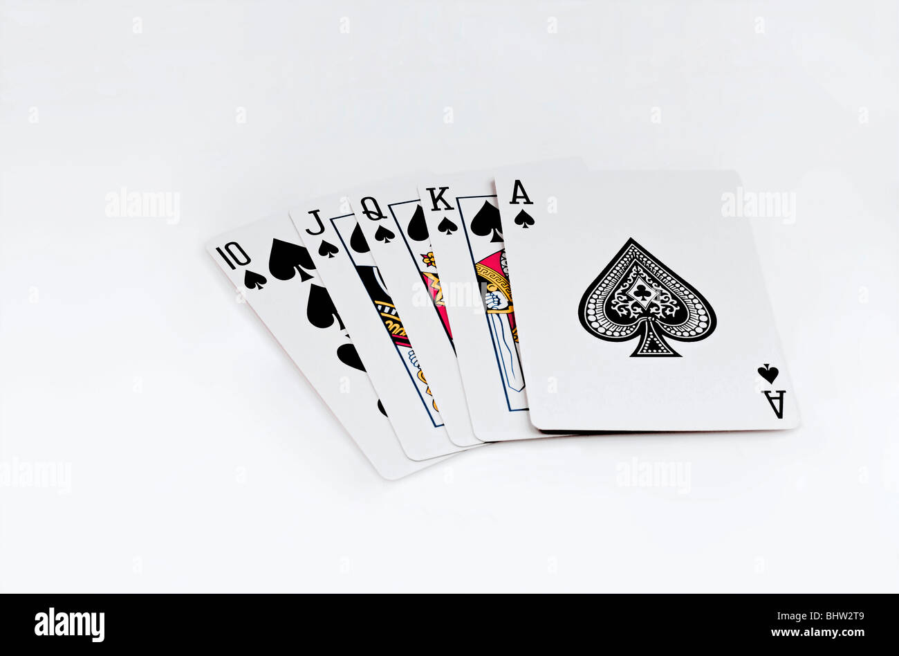 Eine gewinnende Pokerhand Poker auf weißem Hintergrund Stockfoto