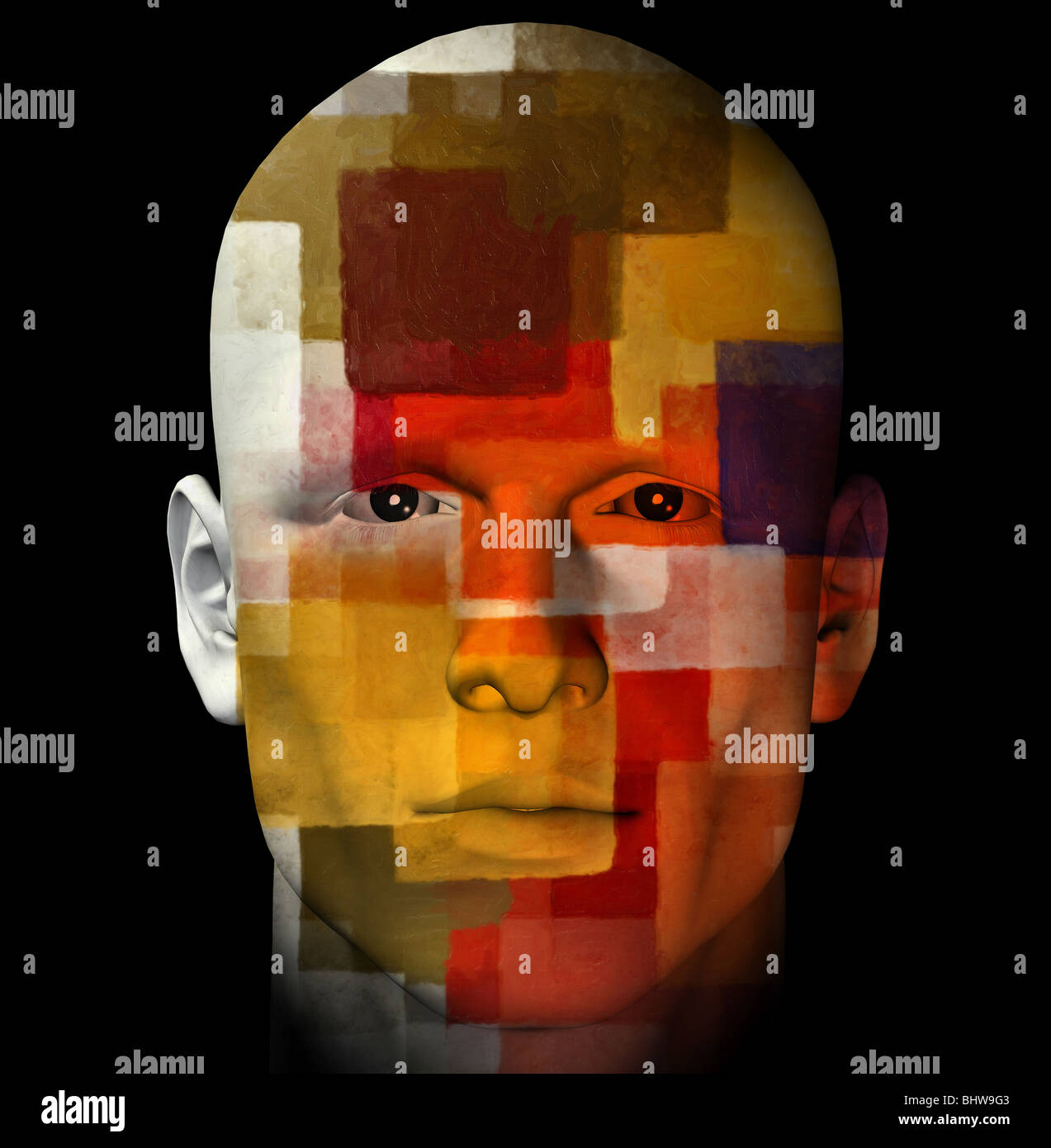 Männliche Porträt und bunte kubistischen Muster. 3D Digital erstellten Abbildung. Stockfoto